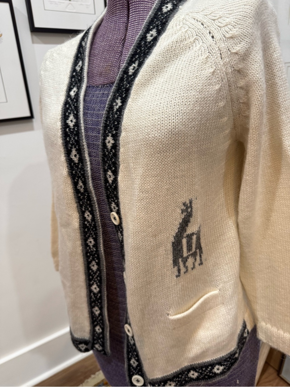 Vintage Cream Knit Cardigan with Black Trim and llama  Motif, M/L